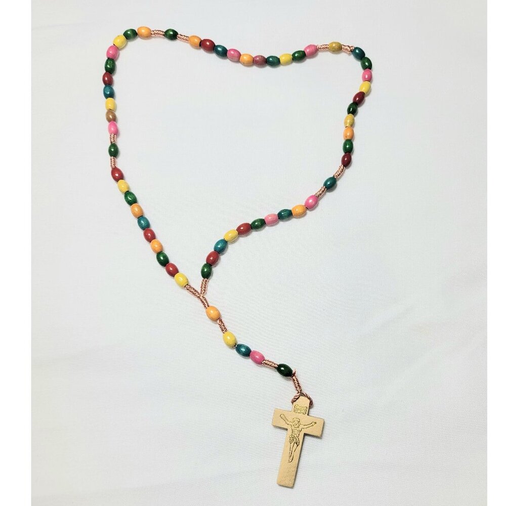 ✝️ Vintage Colorful Wooden Missionary Rosary Prayer Beads 15" Long Cord Rope